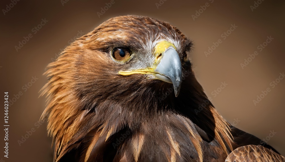 Majestic Golden Eagle Perched Against a Toasted Brown Backdrop, Showcasing Intricate Plumage and Sharp Talons, Captured in a Striking Closeup Majestic Golden Eagle Perched Against a Toasted Brown Backdrop, Showcasing Intricate Plumage and Sharp Talons, Captured in a Striking Closeup