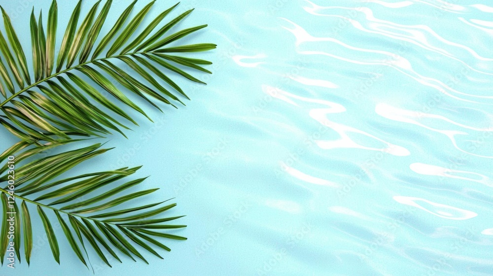 minimal photostock of a Aqua waves and coconut palm shadow on blue background minimal photostock of a Aqua waves and coconut palm shadow on blue background