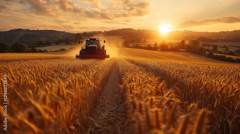 Fototapeta premium Combine harvester collects grain. Field of rye, wheat in autumn. Agriculture