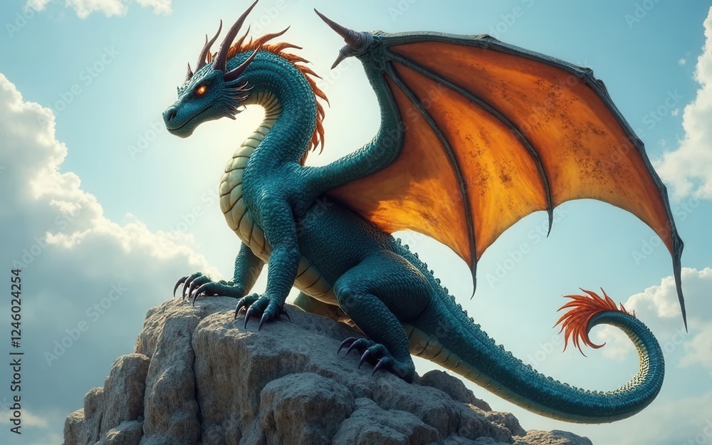 Obraz premium Majestic Dragon Perched on Rocky Peak Under Dramatic Sky