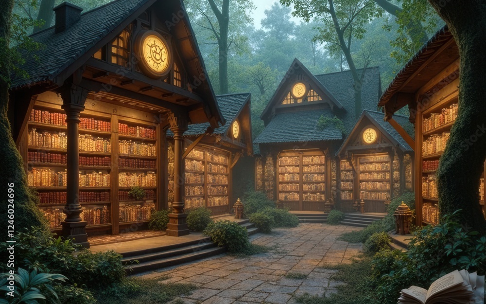 Fototapeta premium Enchanted Library Setting Surrounded by Lush Green Forest