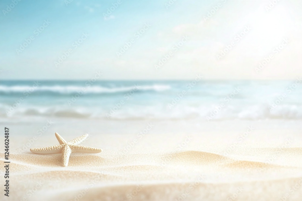 Starfish Resting On Golden Sandy Beach With Ocean Waves Under Bright Sunny Sky Starfish Resting On Golden Sandy Beach With Ocean Waves Under Bright Sunny Sky