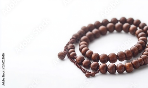 Wooden Prayer Beads on White Background for Meditation and Mindfulness to Enhance Your Spiritual Practice and Promote Inner Peace.