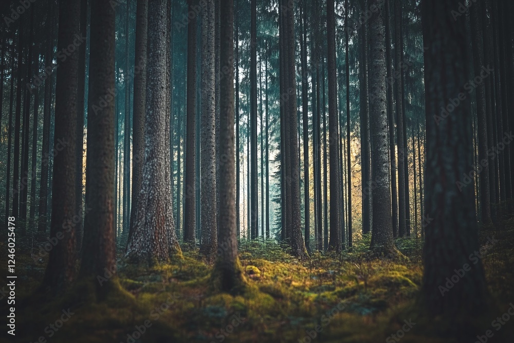 Obraz premium Tall Pine Trees in Dense Forest with Sunlight Shining Through and Mossy Ground in Natural Setting