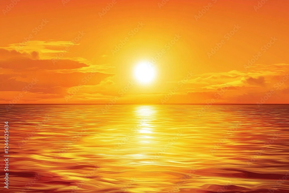 Bright Golden Sunset Over Calm Ocean with Vibrant Orange Sky and Reflective Water Surface Bright Golden Sunset Over Calm Ocean with Vibrant Orange Sky and Reflective Water Surface