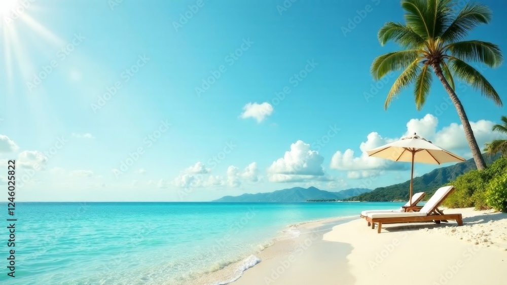 sun loungers on a sandy beach with palm trees on a sunny day on the ocean shore sun loungers on a sandy beach with palm trees on a sunny day on the ocean shore