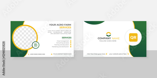 Modern agro based business card template design with elliptical rounded green and yellow shape.