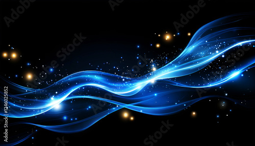 Abstract Waves and Light on a Blue Background – Modern Design, black background, space, stars