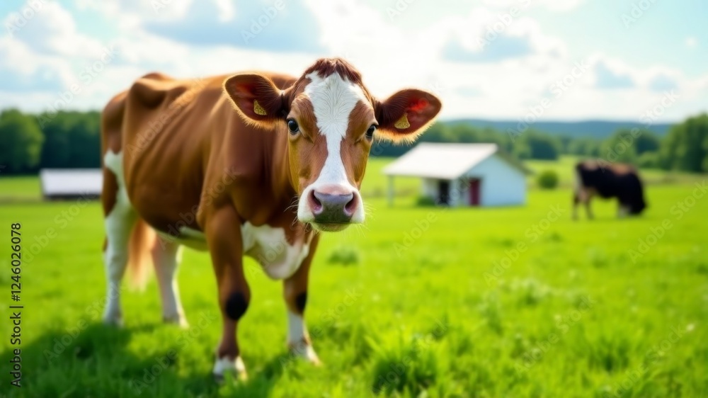 a beautiful cow chews grass while grazing in a field a beautiful cow chews grass while grazing in a field