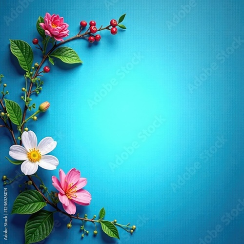 Blue background with floral arrangement and berries, decorative, blue, arrangement