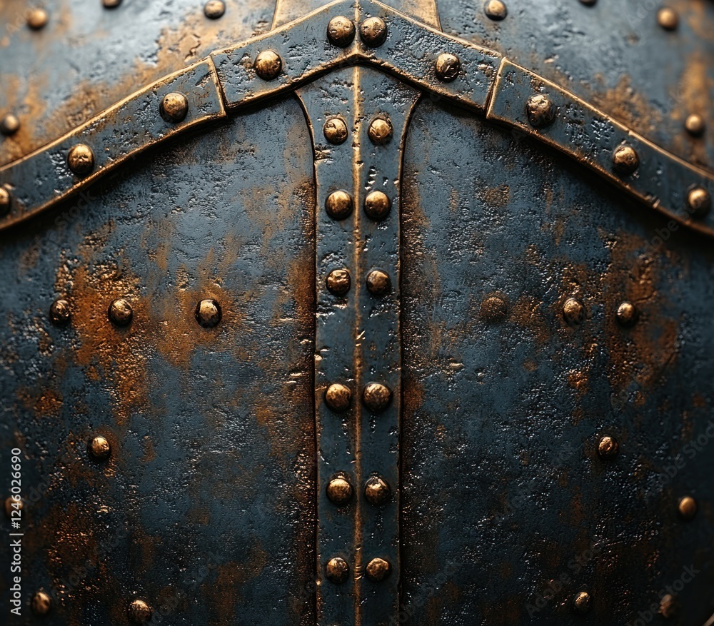 Fototapeta premium medieval shield close-up texture metal rivets dramatic lighting