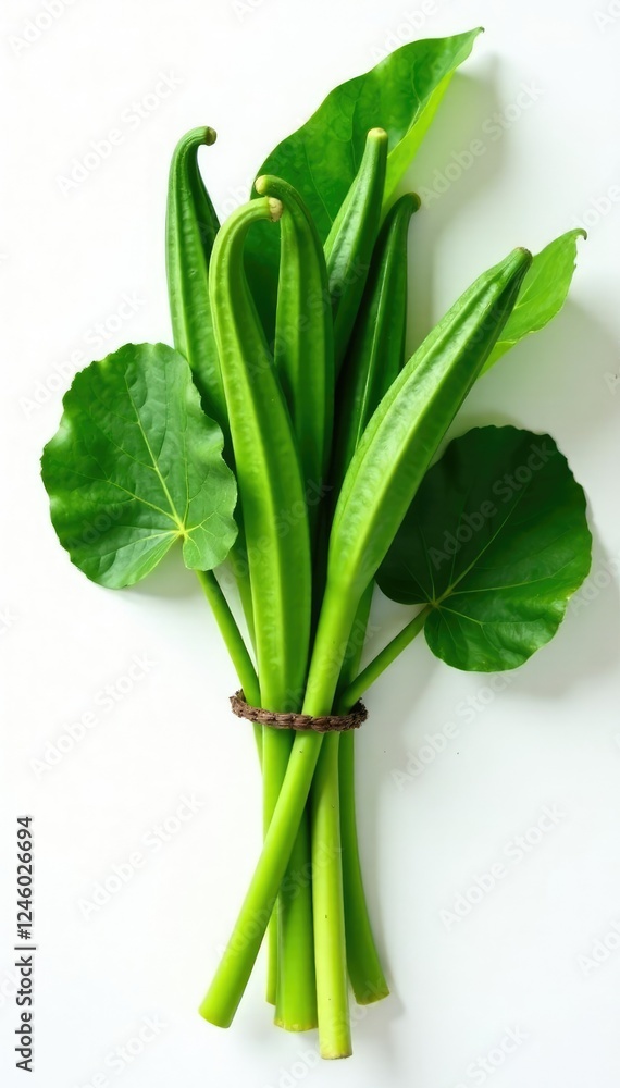 Okra leaves and stems in a bundle against white background, stem, plant, green Okra leaves and stems in a bundle against white background, stem, plant, green