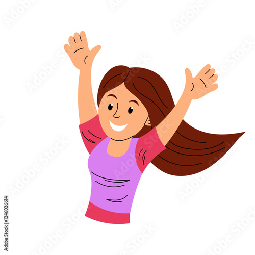 Girl with his hands up in the air. Happy woman rejoicing and smiling. Flat vector illustration on white background.