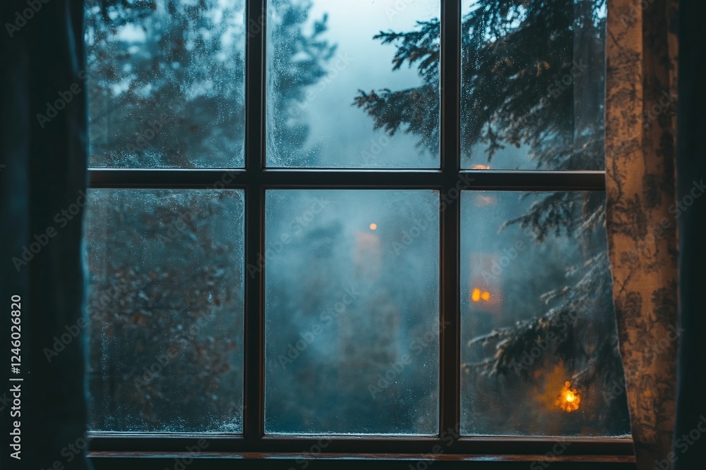 Fototapeta premium Cozy Winter View Through Frosted Window Overlooking Snowy Forest With Warm Indoor Lighting