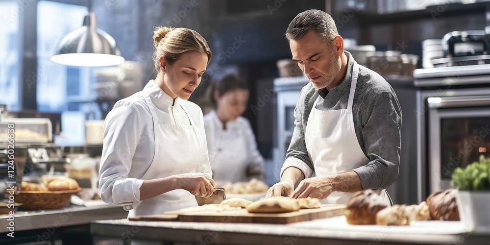 Professional Bakers Working Together in Artisan Bakery Kitchen Professional Bakers Working Together in Artisan Bakery Kitchen