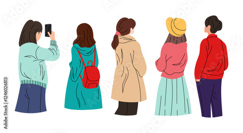 View of people from the back. Young people, students. Crowd view from the back. Flat illustration on white background. 