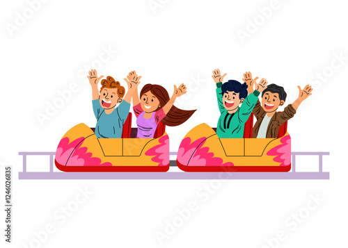 People riding a roller coaster. Young people having fun at an amusement park. Fun. Flat illustration on white background.