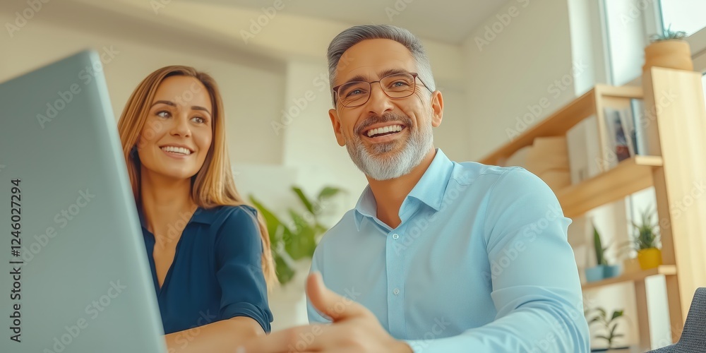 Obraz premium Young Professionals Discussing Ideas with Tablet in Modern Office Setting