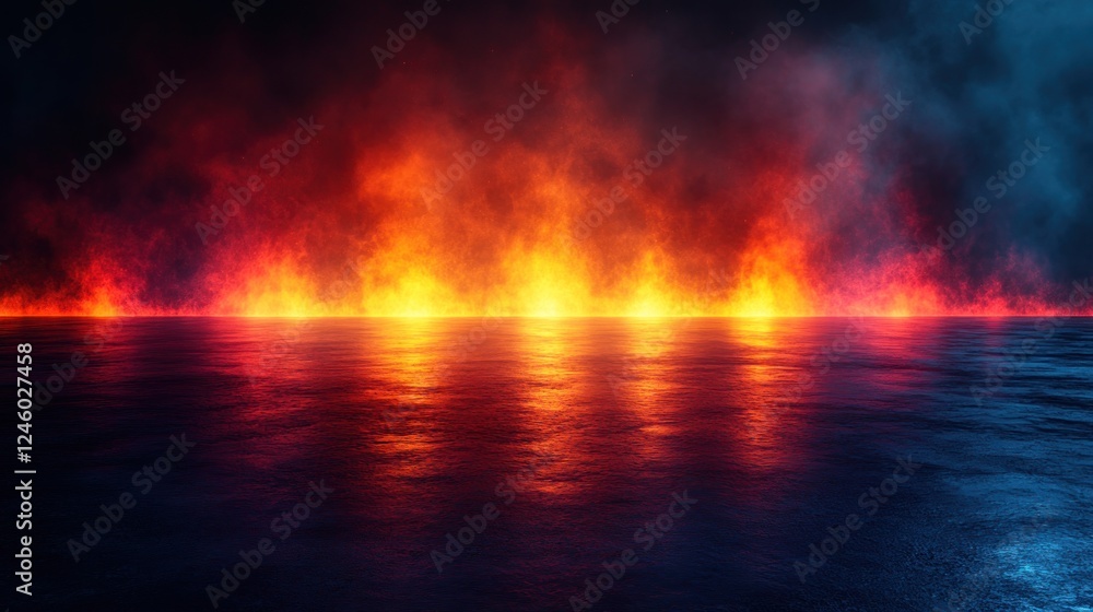 Fiery reflection, water, smoke, night, background, design Fiery reflection, water, smoke, night, background, design