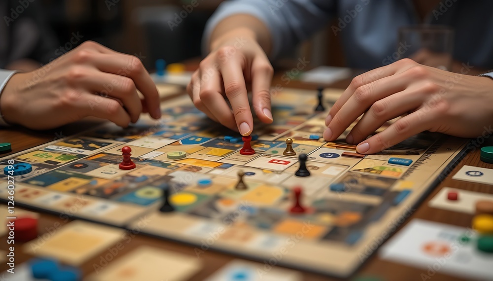 A close-up of hands actively playing a strategic board game, surrounded by different game pieces and tokens on a wooden table. A close-up of hands actively playing a strategic board game, surrounded by different game pieces and tokens on a wooden table.