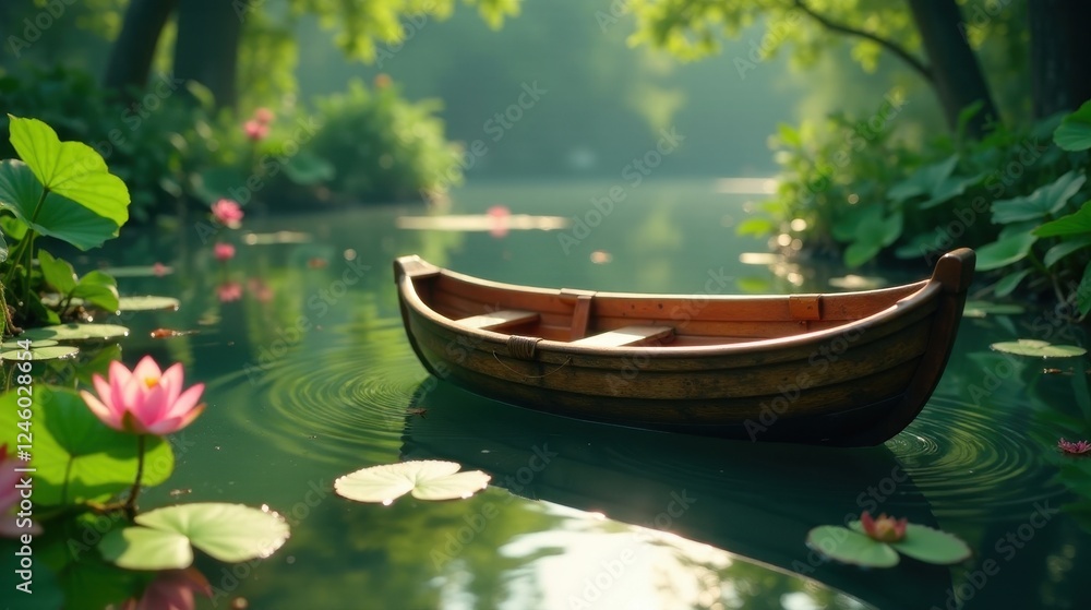 Serene Rowboat on a Tranquil Pond Surrounded by Lush Greenery and Blooming Water Lilies Serene Rowboat on a Tranquil Pond Surrounded by Lush Greenery and Blooming Water Lilies