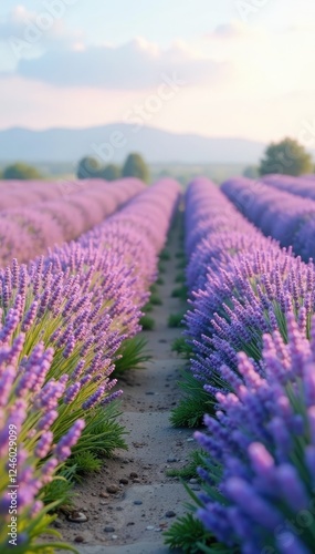 Pastel lavender field with a few wildflowers and a stone path, serenity, wildflowers, elegance