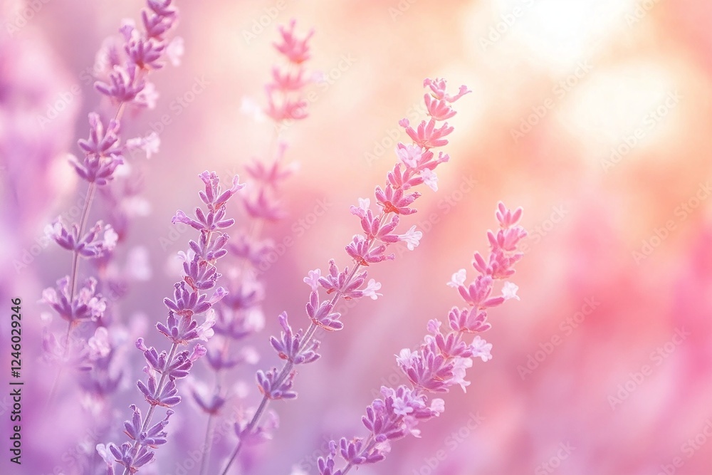 Naklejka premium Lavender Flowers in Soft Pink and Purple Sunset Light Representing Calm and Serenity in Nature