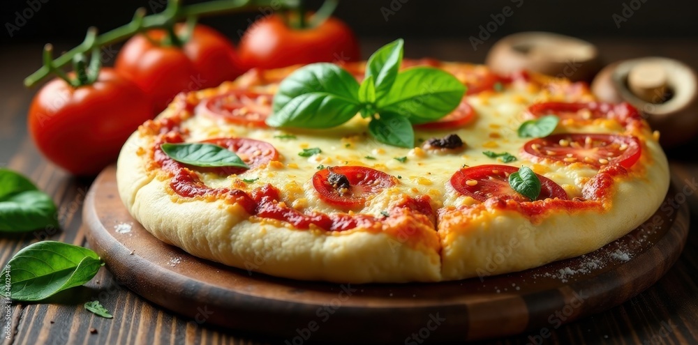 A Delicious Homemade Pizza with Melted Cheese, Fresh Basil, and Ripe Tomatoes on a Rustic Wooden Board A Delicious Homemade Pizza with Melted Cheese, Fresh Basil, and Ripe Tomatoes on a Rustic Wooden Board