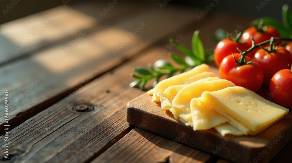 Rustic wooden board presents appetizing slices of pale yellow cheese alongside a cluster of vibrant red tomatoes and a sprig of fresh green herbs bathed in warm sunlight. Rustic wooden board presents appetizing slices of pale yellow cheese alongside a cluster of vibrant red tomatoes and a sprig of fresh green herbs bathed in warm sunlight.