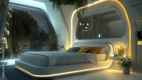 a futuristic bedroom with renewable energy sources, temperature-regulating walls, and self-cleaning bedding. 