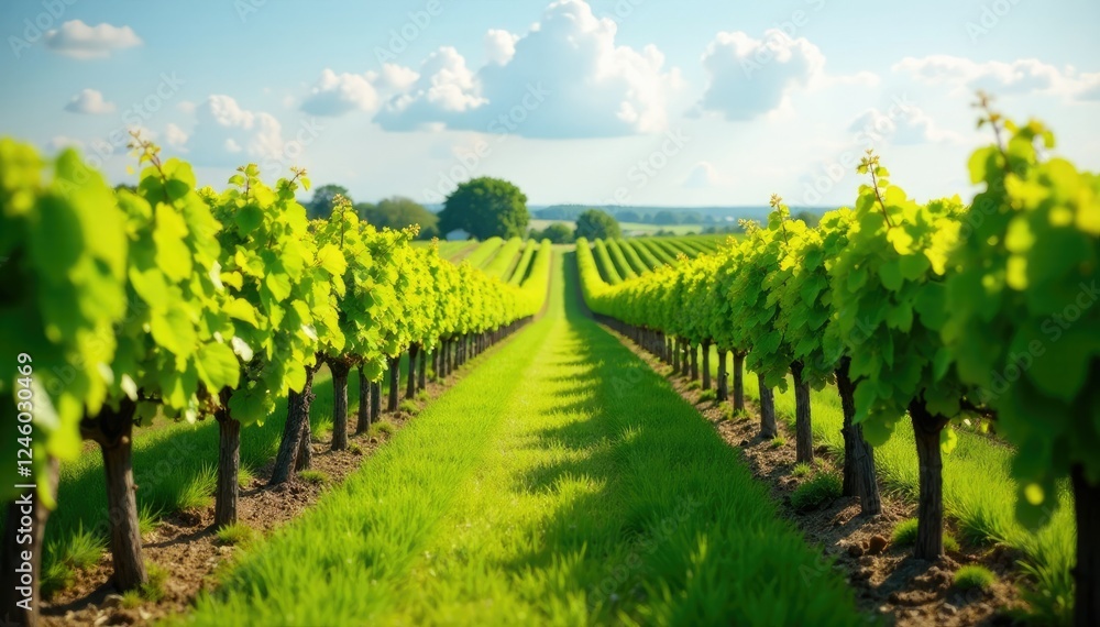 Fototapeta premium Vineyard fields swaying in gentle spring breeze, rustic countryside, field of gold, green shoots