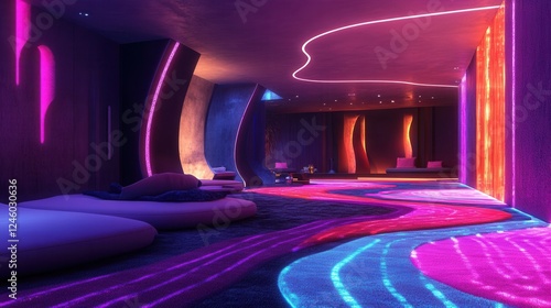 Wallpaper Mural a futuristic interior featuring heated carpets with LED patterns changing color based on mood.  Torontodigital.ca