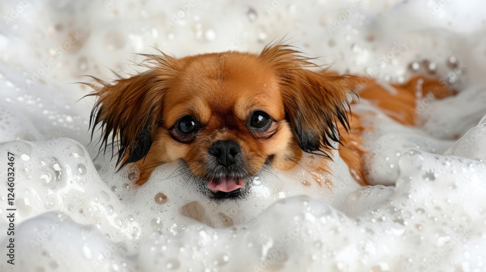A small dog playfully submerged in a bubbly bath, enjoying a fun grooming session at home A small dog playfully submerged in a bubbly bath, enjoying a fun grooming session at home