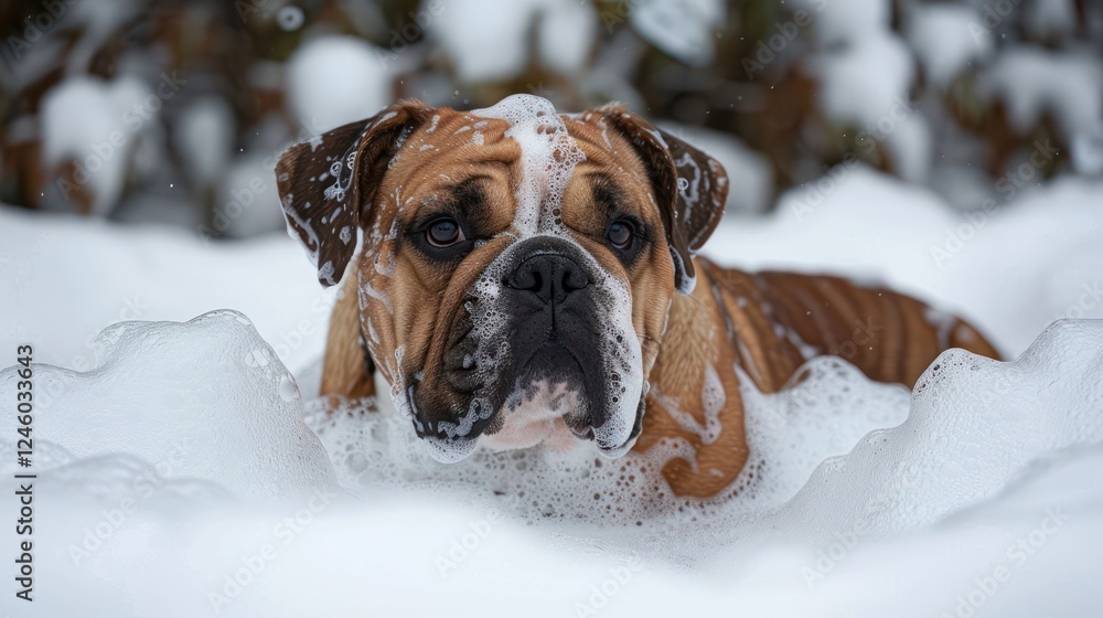 Playful dog covered in snow and bubbles, enjoying a winter day in a snowy landscape Playful dog covered in snow and bubbles, enjoying a winter day in a snowy landscape
