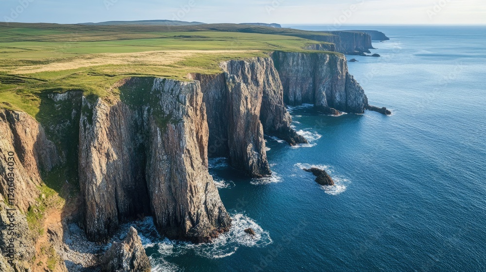 Obraz premium Dramatic Coastal Cliffs and Green Plateau Meeting the Blue Sea Landscape