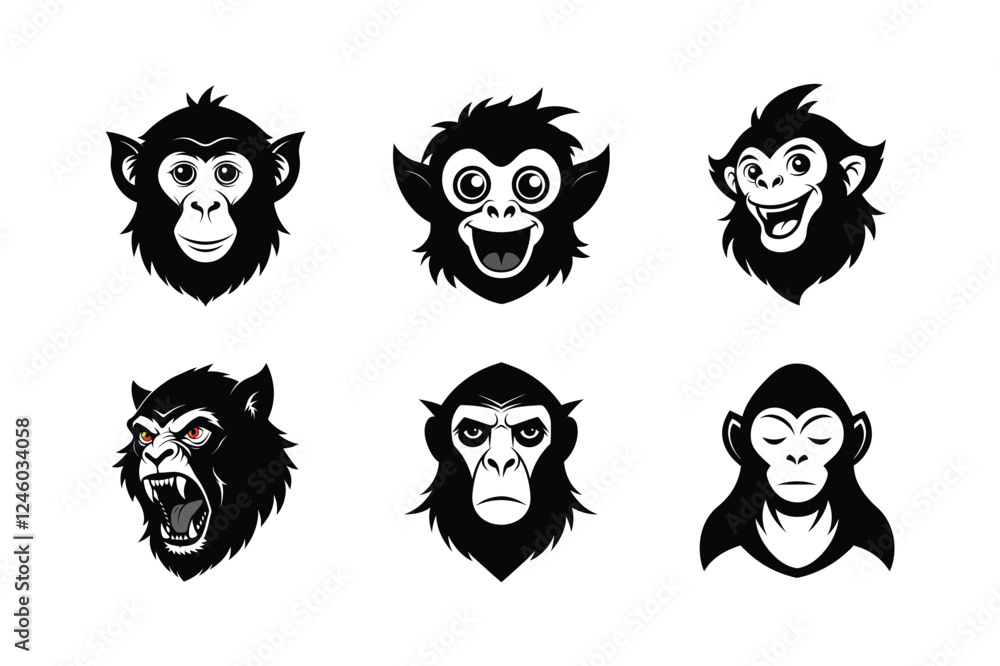 Fototapeta premium Gibbon Ape Head Silhouette Combo Pack (6 Expressions)