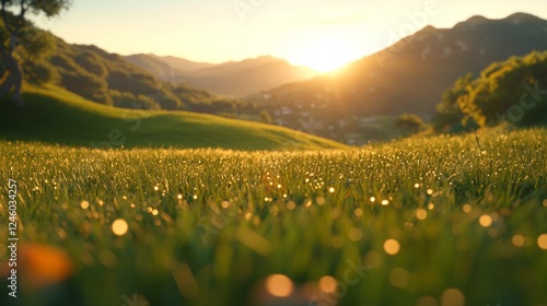 Gently sloping meadow covered with morning dew, glistening in the first rays of the sun