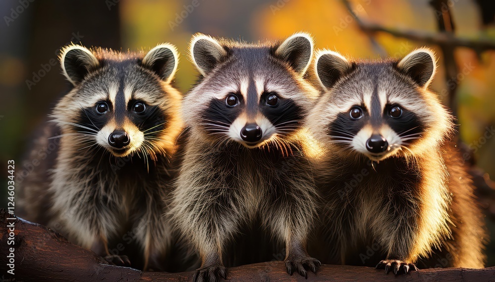 Enchanting Trio of Raccoons Frolicking in a Moonlit Forest at Twilight, Showcasing Playful Interactions and Soft Fur Textures, Embracing the Mysterious Mood of Nocturnal Wildlife. Enchanting Trio of Raccoons Frolicking in a Moonlit Forest at Twilight, Showcasing Playful Interactions and Soft Fur Textures, Embracing the Mysterious Mood of Nocturnal Wildlife.