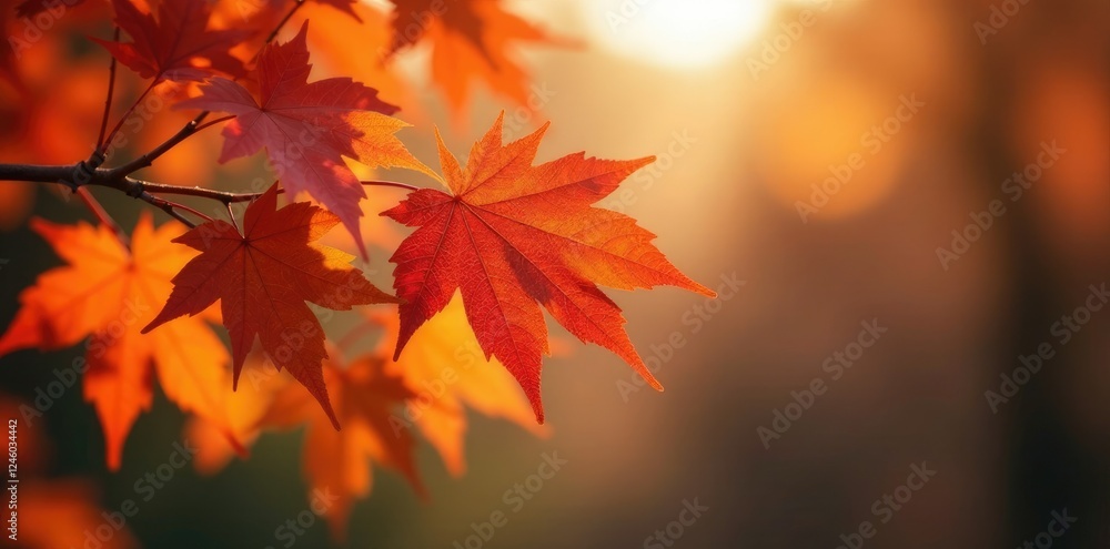 Orange maple leaves on a branch with soft focus and warm natural light, branches, red