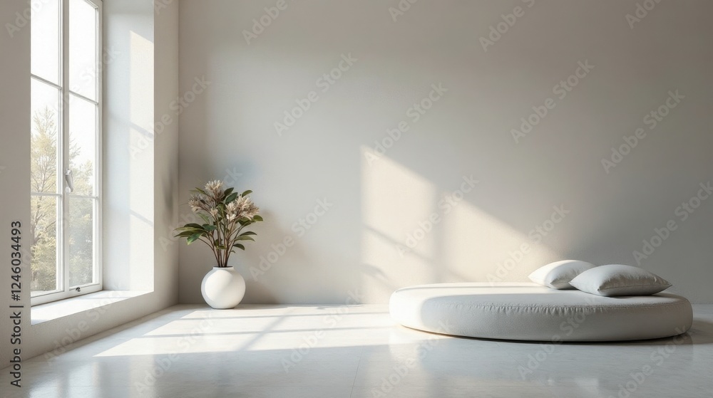 Serene Minimalist Interior Design Featuring a Circular Daybed and Potted Plant in a Sunlit Room Serene Minimalist Interior Design Featuring a Circular Daybed and Potted Plant in a Sunlit Room
