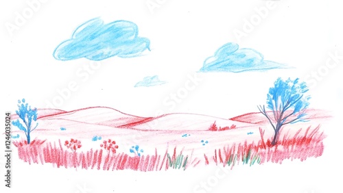 “Hand-Drawn Pastel Landscape with Hills, Clouds, and Trees” photo