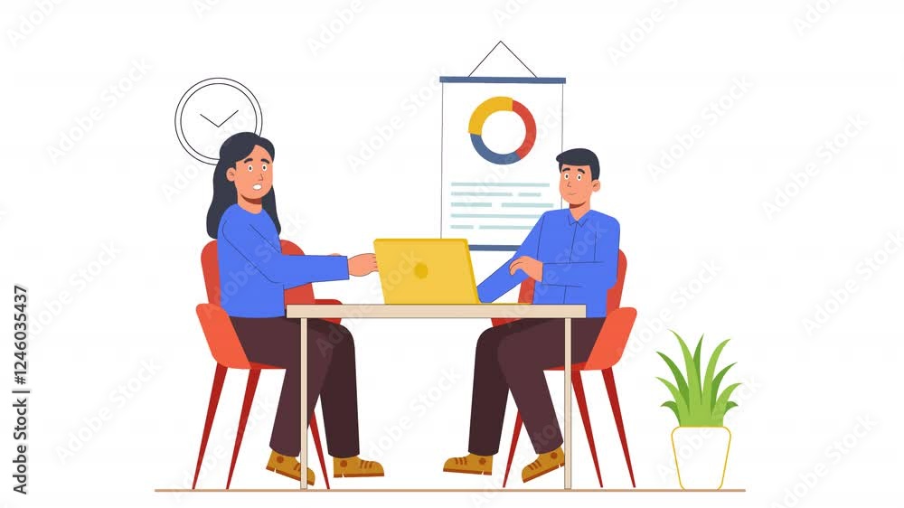 Simplify business gatherings with flat animations, featuring clean designs of characters engaged in focused discussions. Simplify business gatherings with flat animations, featuring clean designs of characters engaged in focused discussions.