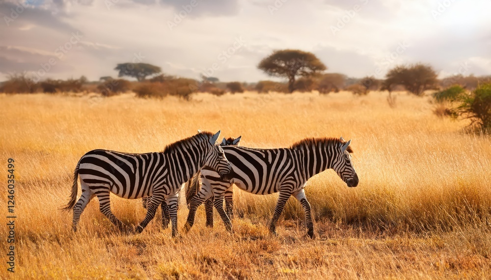 Naklejka premium Vivid Triumvirate of Zebras Roaming the Wild Savannah under a SunKissed Tanzanian Sky on a Sunny Afternoon