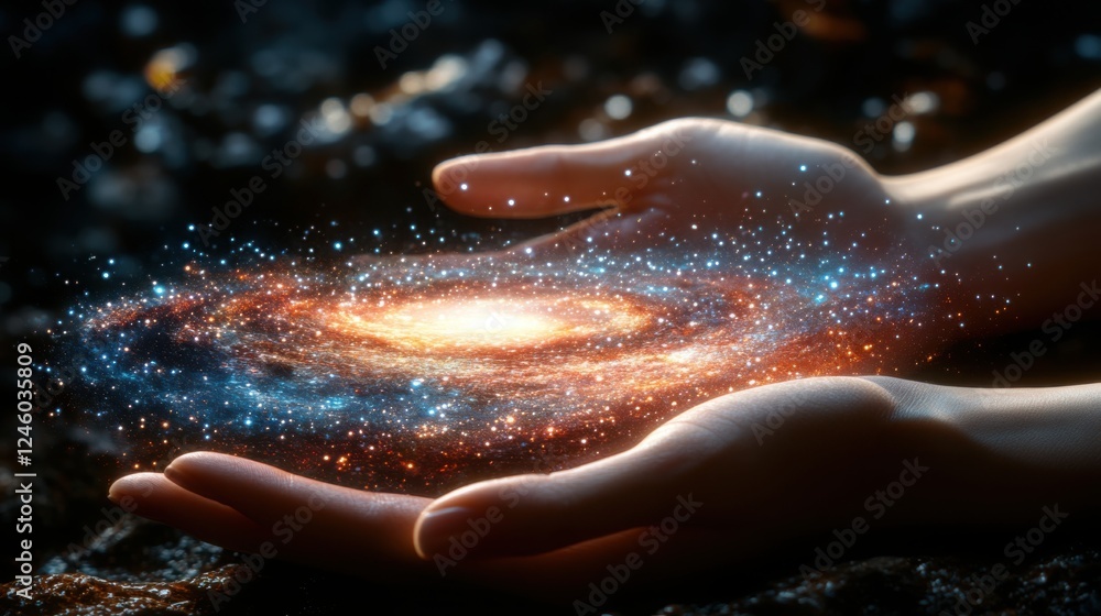 Fototapeta premium Hands holding a glowing spiral galaxy with cosmic dust and stars in a surreal space concept