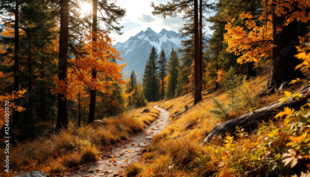 Obraz premium Autumnal Path Through Majestic Mountains