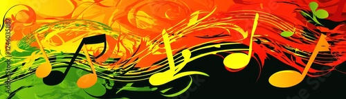 Colorful music notes swirl; reggae background; design element