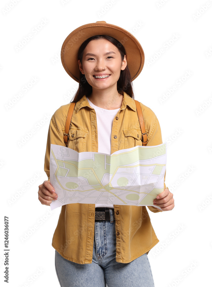 Happy traveller with map on white background Happy traveller with map on white background