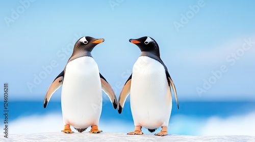 Two Gentoo penguins stand facing each other on a rocky shore with a serene ocean backdrop photo