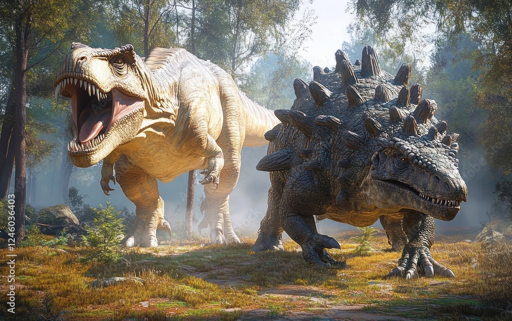 Fototapeta premium Fierce T-Rex and Spiky Ankylosaurus Encounter in Lush Prehistoric Landscape Under Dramatic Morning Light