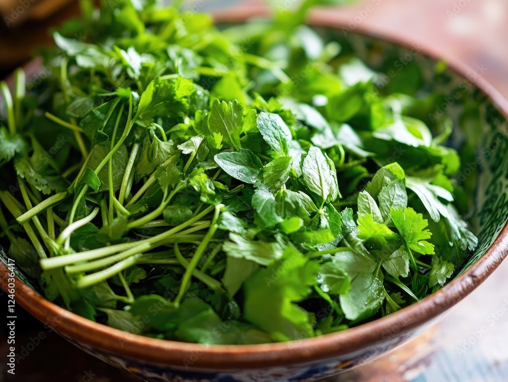Fresh green herbs in a decorative bowl close up view ready for cooking Fresh green herbs in a decorative bowl close up view ready for cooking